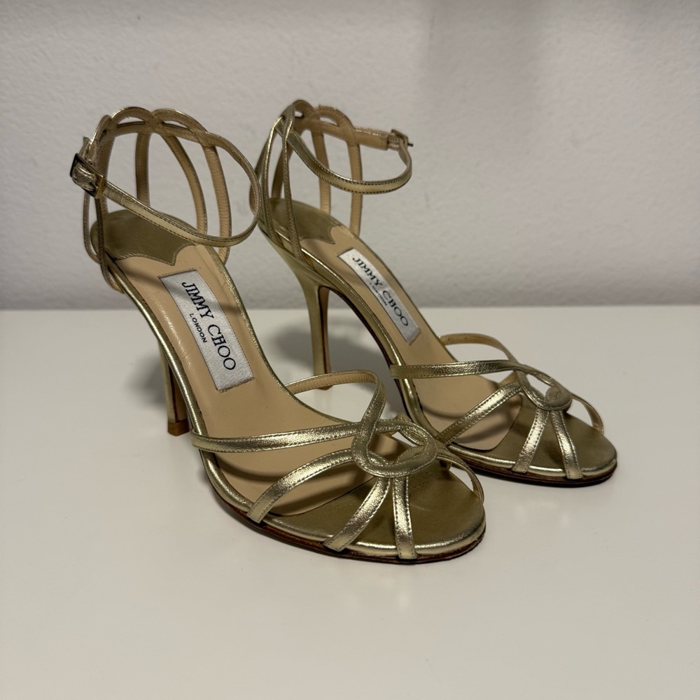 Jimmy Choo Gold Stiletto Heels with Strappy Design 35
